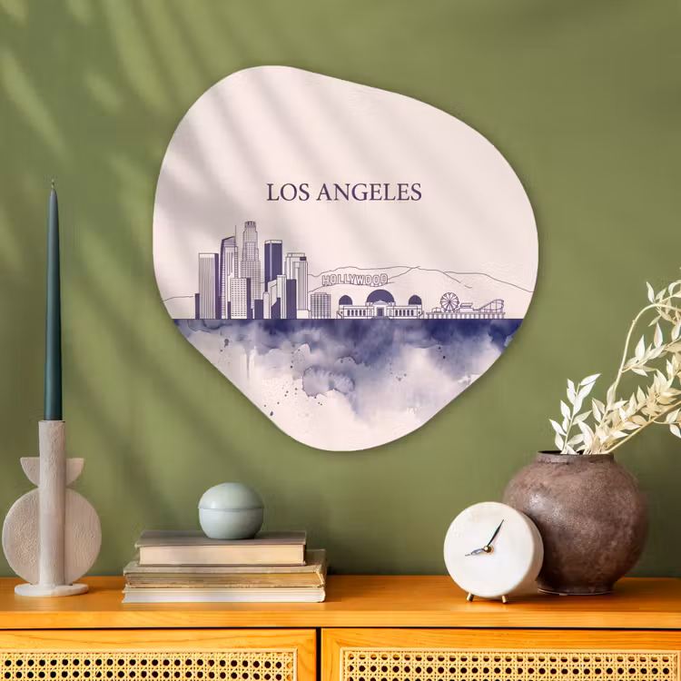 Los Angeles - Skyline - Architectuur - Aquarel - Blauw Wandcirkel Organisch Aluminium middel -sfeer2