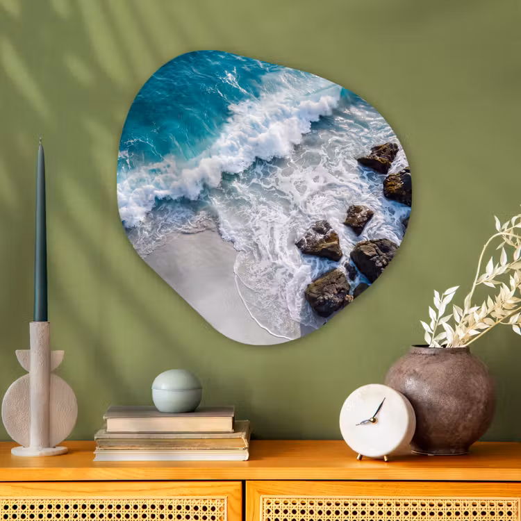 Zee - Golf - Strand - Natuur - Blauw Wandcirkel Organisch Aluminium middel -sfeer2