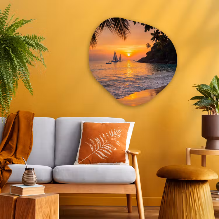Zee - Zonsondergang - Boot - Natuur - Oranje Wandcirkel Organisch Aluminium middel -sfeer4