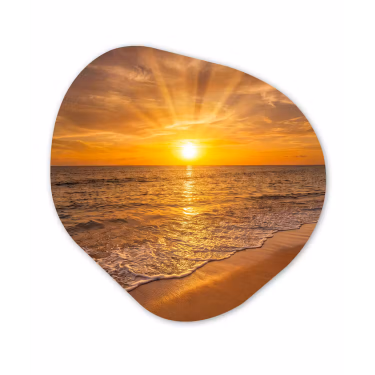 Zee - Zonsondergang - Golven - Kust - Oranje Wandcirkel Organisch Aluminium middel -3d