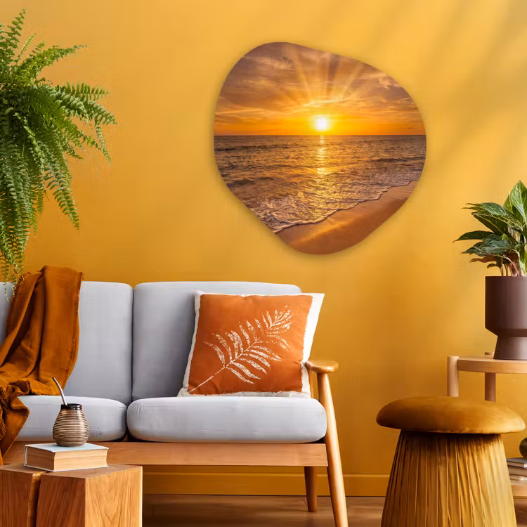 Zee - Zonsondergang - Golven - Kust - Oranje Wandcirkel Organisch Aluminium middel -sfeer4