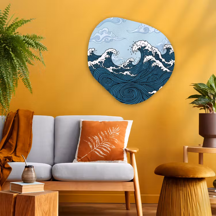 Zee - Golven - Japans - Natuur - Blauw Wandcirkel Organisch Aluminium middel -sfeer4