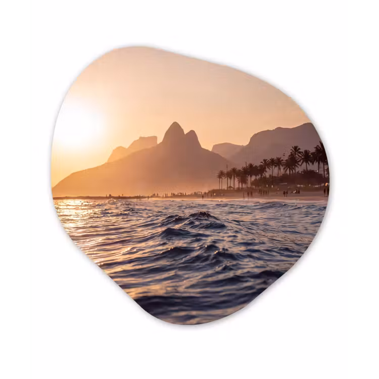 Zee - Golven - Zonsondergang - Kust - Goud Wandcirkel Organisch Aluminium middel -3d