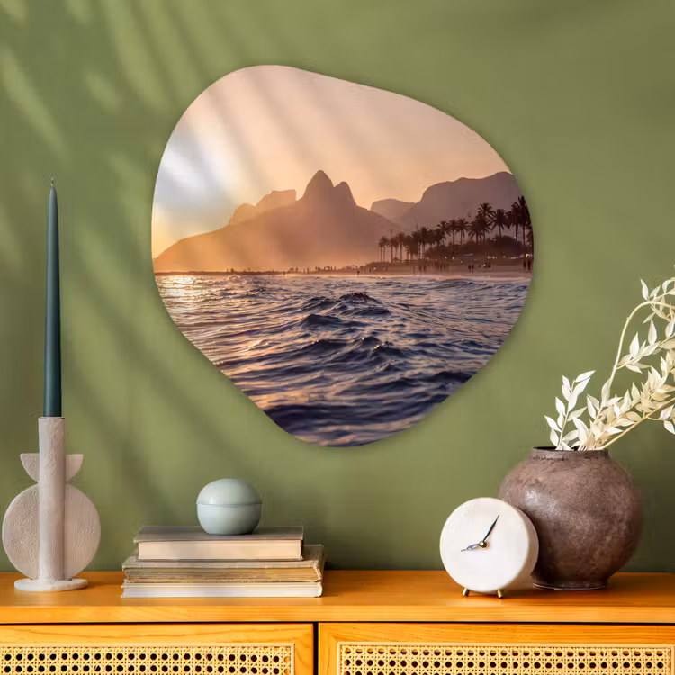 Zee - Golven - Zonsondergang - Kust - Goud Wandcirkel Organisch Aluminium middel -sfeer2