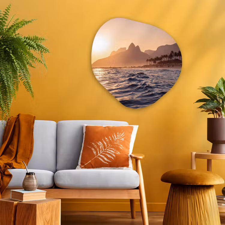 Zee - Golven - Zonsondergang - Kust - Goud Wandcirkel Organisch Aluminium middel -sfeer4