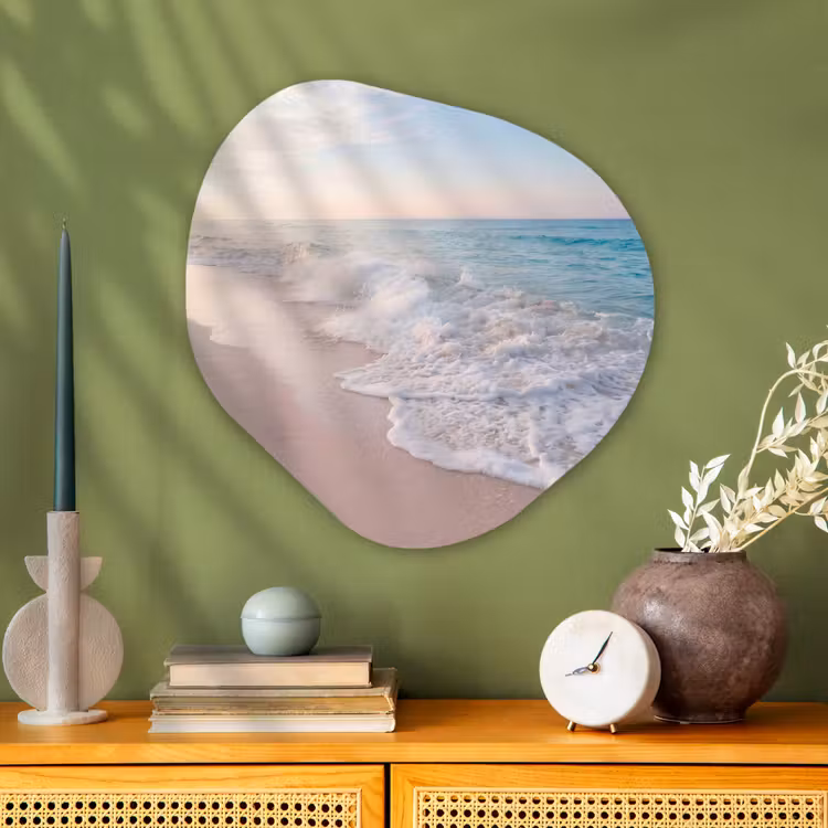 Zee - Golven - Strand - Natuur - Wit Wandcirkel Organisch Aluminium middel -sfeer2