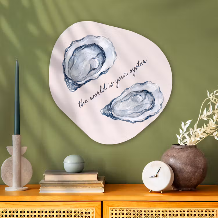 Zeeleven - Oester - Aquarel - Minimalistisch - Blauw Wandcirkel Organisch Aluminium middel -sfeer2