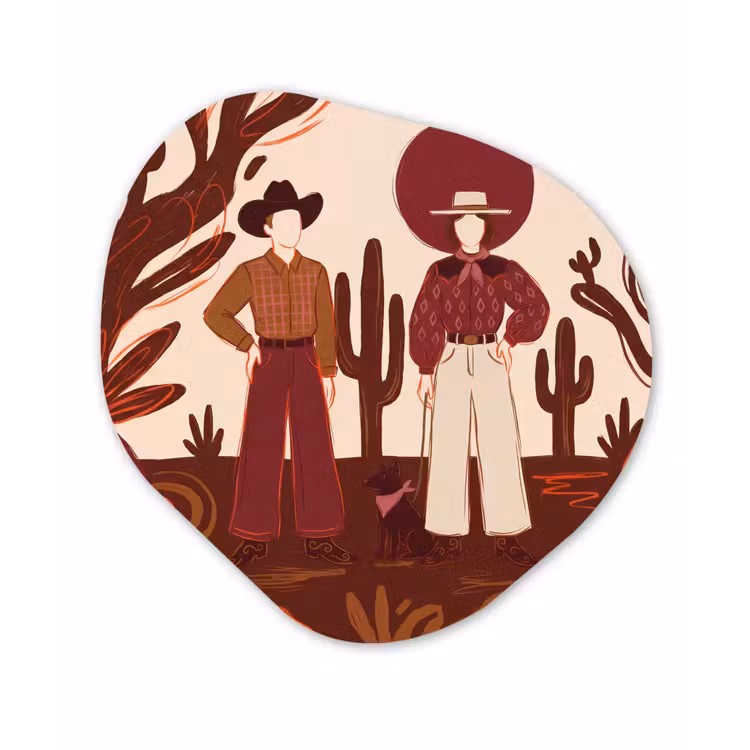 Mensen - Cowboykleding - Westerse stijl - Illustratie - Bruin Wandcirkel Organisch Aluminium middel -3d