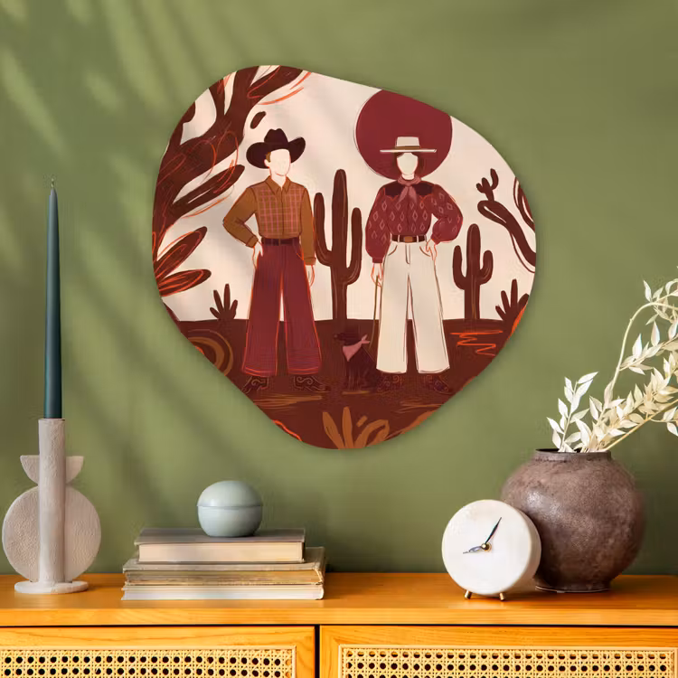 Mensen - Cowboykleding - Westerse stijl - Illustratie - Bruin Wandcirkel Organisch Aluminium middel -sfeer2