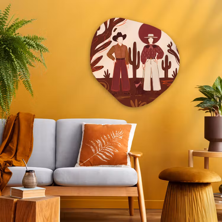 Mensen - Cowboykleding - Westerse stijl - Illustratie - Bruin Wandcirkel Organisch Aluminium middel -sfeer4