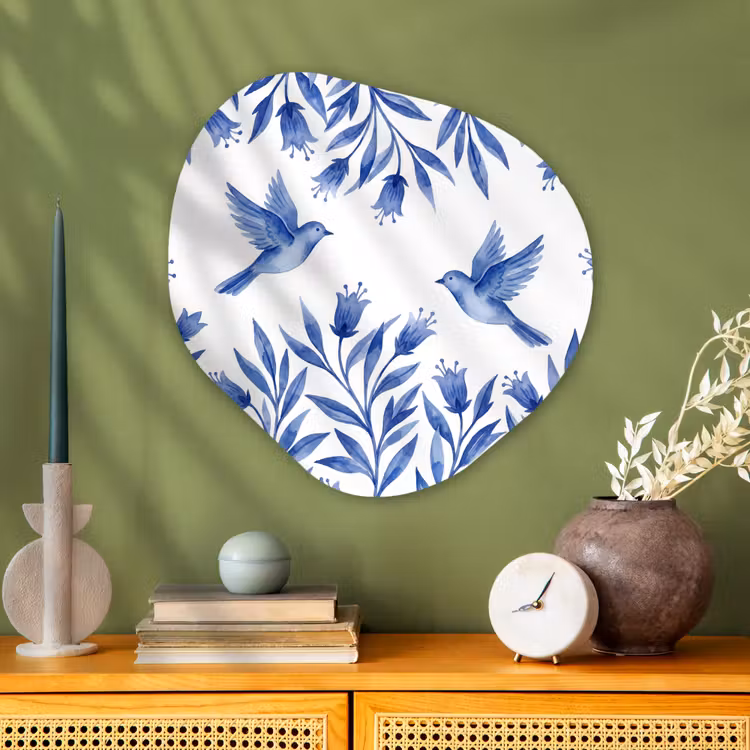 Modern - Vogels - Delfts - Blauw Wandcirkel Organisch Aluminium middel -sfeer2