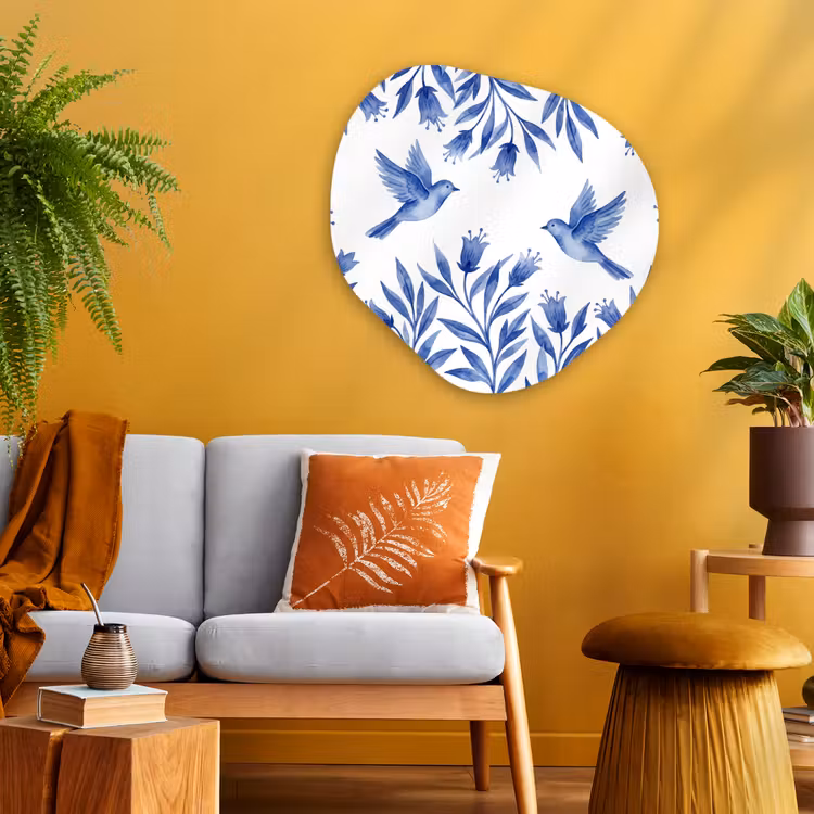 Modern - Vogels - Delfts - Blauw Wandcirkel Organisch Aluminium middel -sfeer4