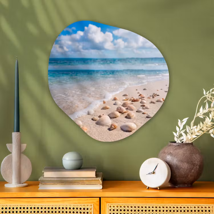 Schelpen - Strand - Natuur - Beige Wandcirkel Organisch Aluminium middel -sfeer2