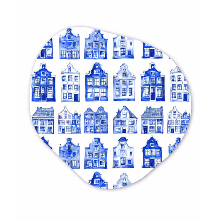 Patroon - Huizen - Blauw Wandcirkel Organisch Aluminium middel 851 -3d