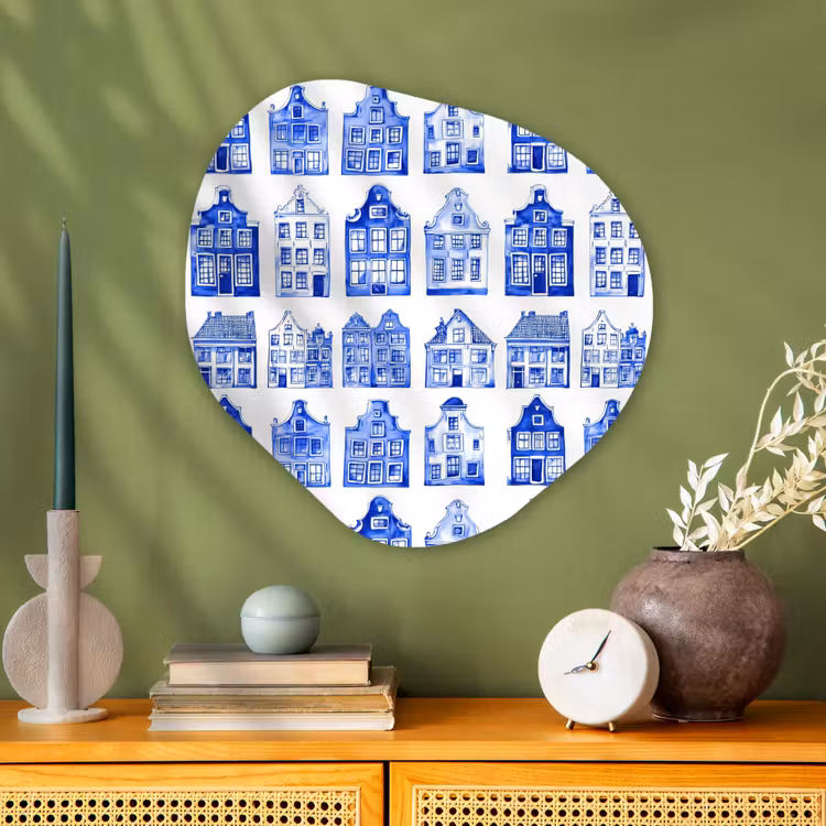 Patroon - Huizen - Blauw Wandcirkel Organisch Aluminium middel 851 -sfeer2