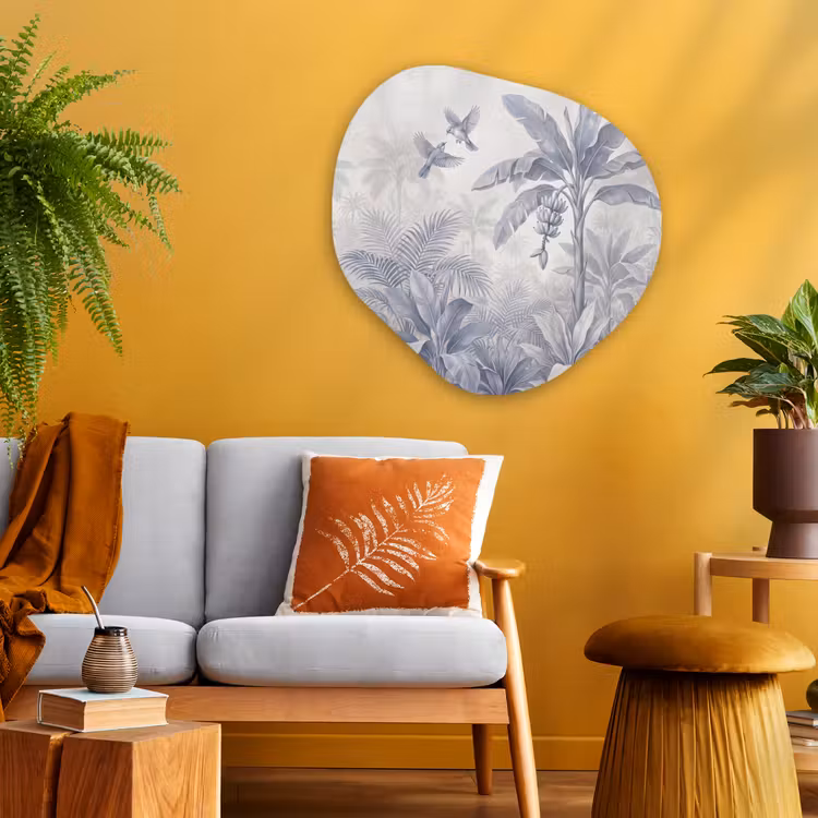 Natuur - Vogel - Jungle - Illustratie - Blauw Wandcirkel Organisch Aluminium middel -sfeer4