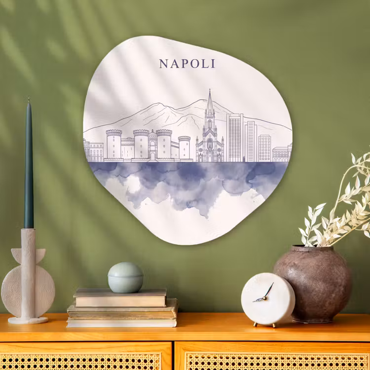 Napels - Skyline - Italie - Lijntekening - Aquarel Wandcirkel Organisch Aluminium middel -sfeer2