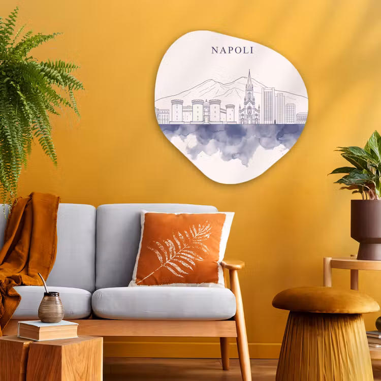 Napels - Skyline - Italie - Lijntekening - Aquarel Wandcirkel Organisch Aluminium middel -sfeer4