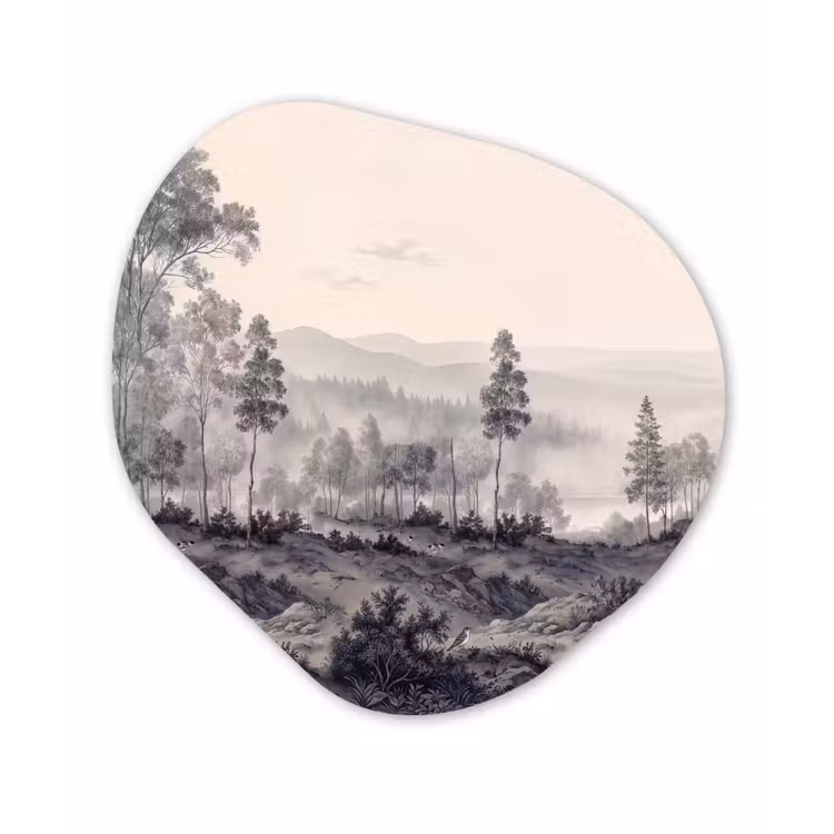Mistig - Berglandschap - Illustratie Wandcirkel Organisch Aluminium middel -3d