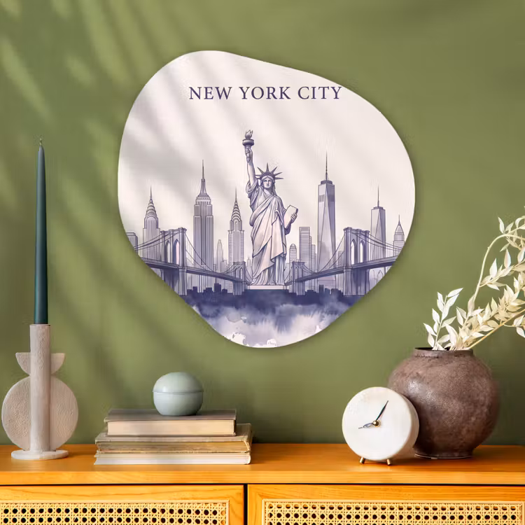 New York - Vrijheidsbeeld - Skyline - Illustratie - Blauw Wandcirkel Organisch Aluminium middel -sfeer2