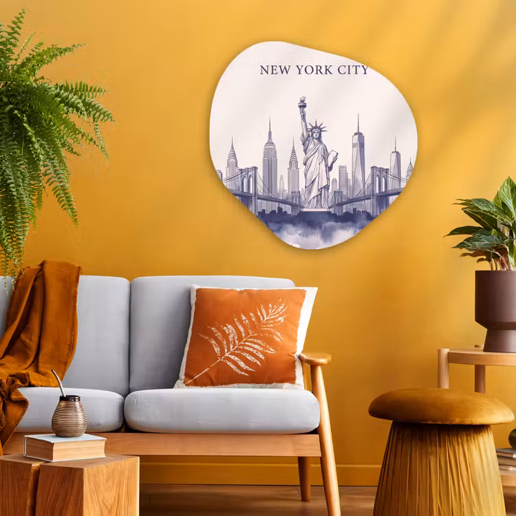 New York - Vrijheidsbeeld - Skyline - Illustratie - Blauw Wandcirkel Organisch Aluminium middel -sfeer4