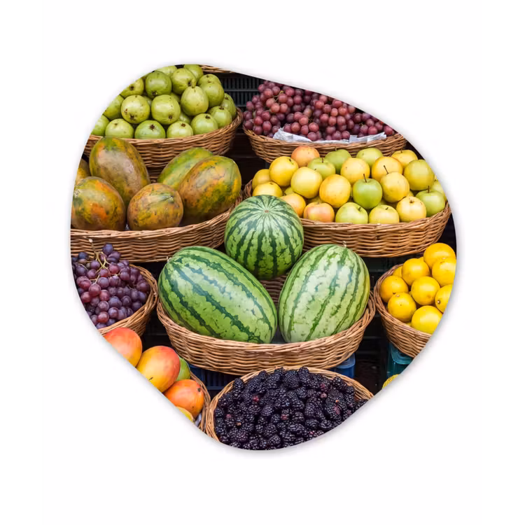 Alu-Dibond-Bild Organische Form - Obst – Markt – Bunt - Fruit - Markt - Kleurrijk Wandcirkel Organisch Aluminium middel