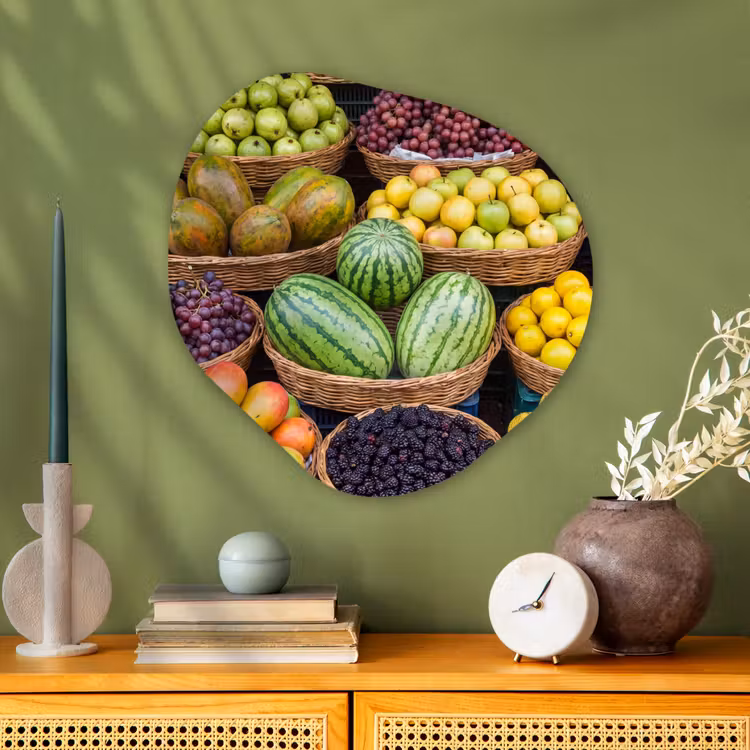 Alu-Dibond-Bild Organische Form - Obst – Markt – Bunt - Fruit - Markt - Kleurrijk Wandcirkel Organisch Aluminium middel