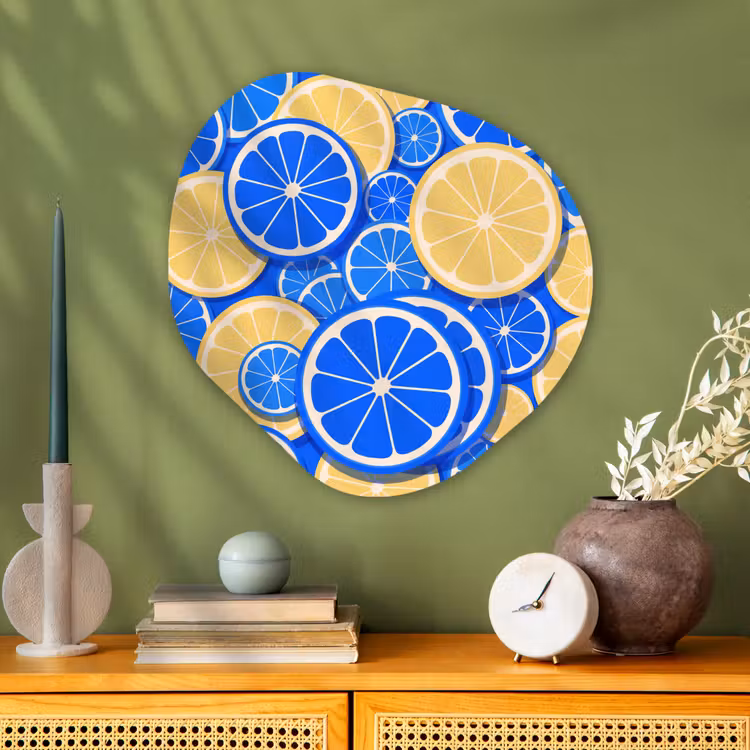 Fruit - Schijven - Patroon - Modern - Blauw - Geel Wandcirkel Organisch Aluminium middel -sfeer2