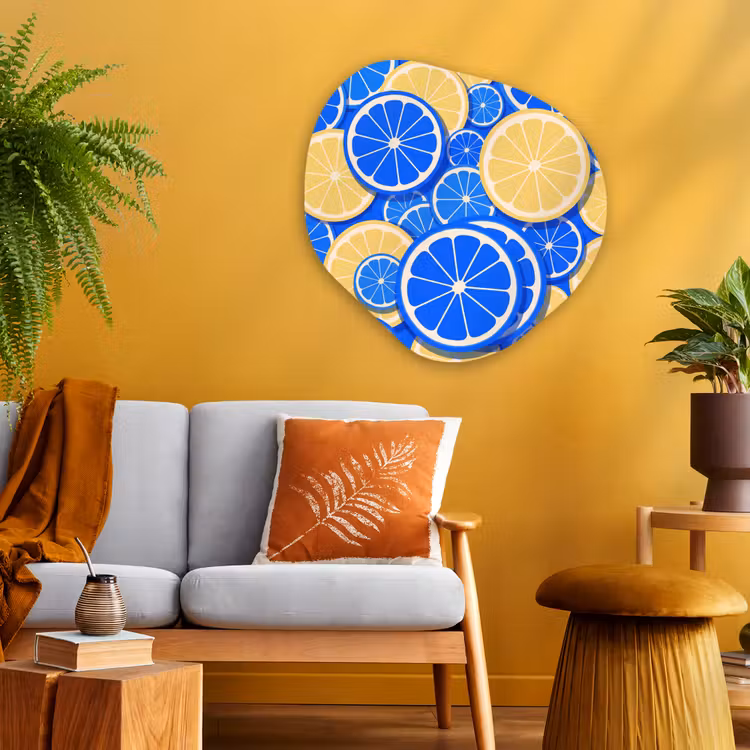 Fruit - Schijven - Patroon - Modern - Blauw - Geel Wandcirkel Organisch Aluminium middel -sfeer4