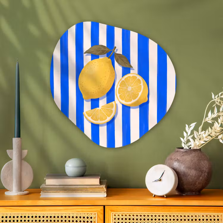 Fruit - Citroen - Zomer - Geel - Blauw Wandcirkel Organisch Aluminium middel -sfeer2