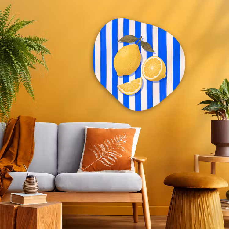 Fruit - Citroen - Zomer - Geel - Blauw Wandcirkel Organisch Aluminium middel -sfeer4
