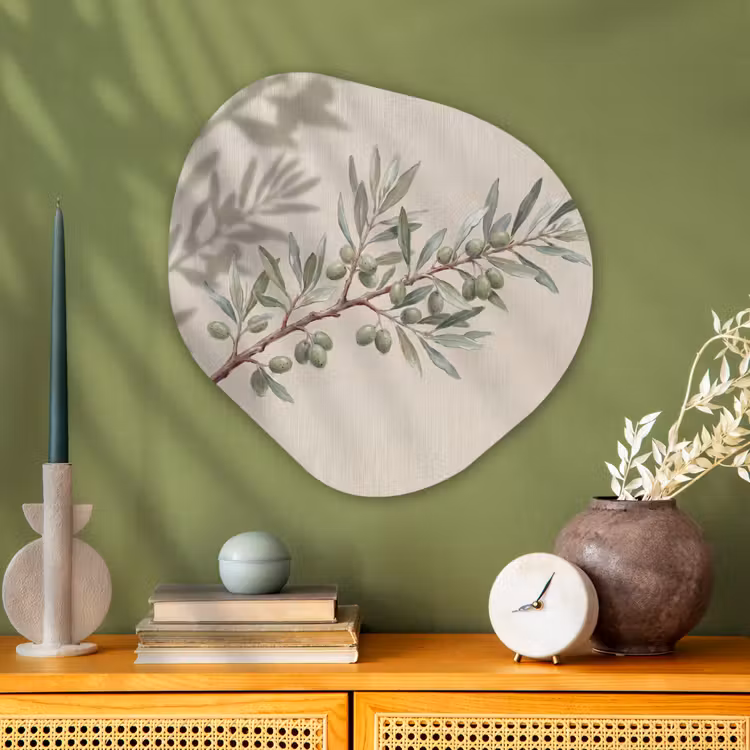 Olijftak - Bladeren - Natuur - Groen - Beige Wandcirkel Organisch Aluminium middel -sfeer2