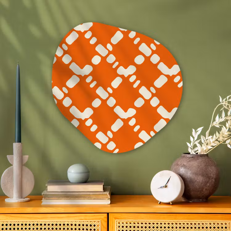 Oranje - Ruitpatroon - Wit Wandcirkel Organisch Aluminium middel 851 -sfeer2