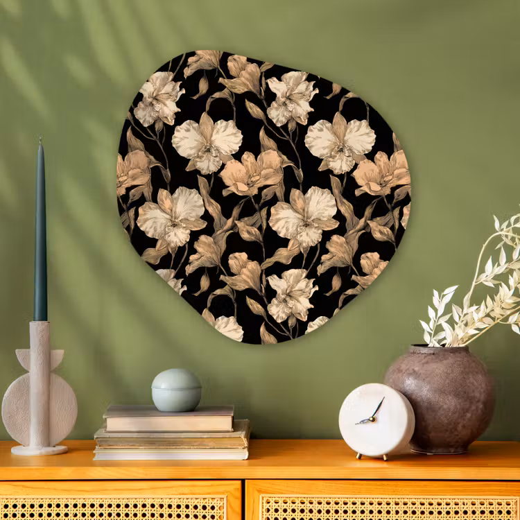 Orchideeën - Lijntekening - Patroon - Beige - Zwart Wandcirkel Organisch Aluminium middel 851 -sfeer2