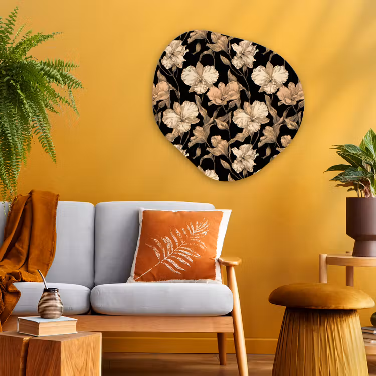 Orchideeën - Lijntekening - Patroon - Beige - Zwart Wandcirkel Organisch Aluminium middel 851 -sfeer4