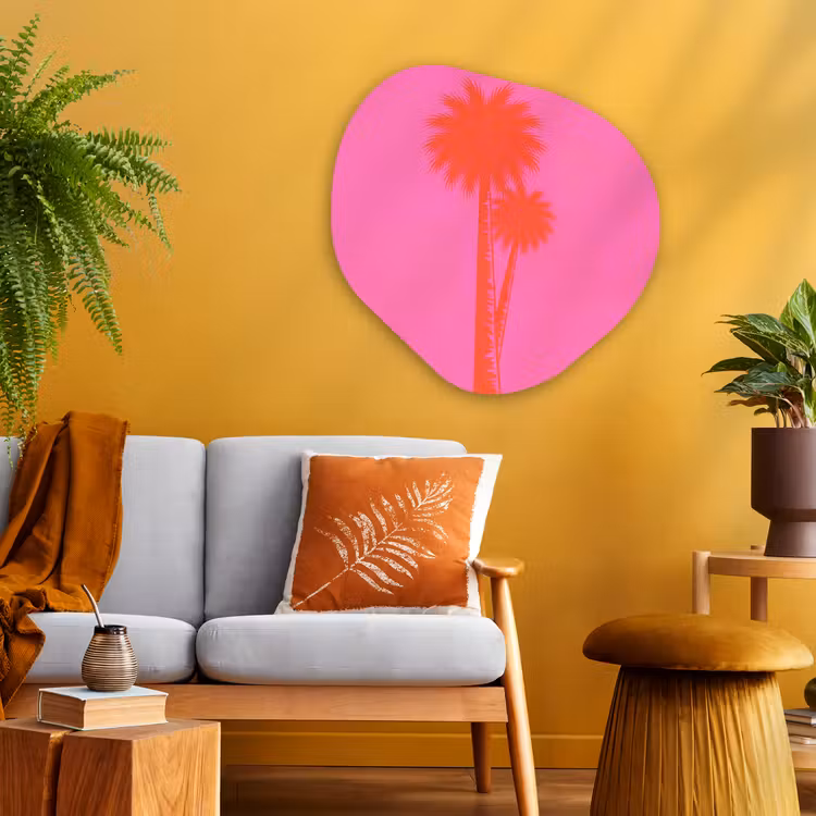 Palmbomen - Modern - Roze Wandcirkel Organisch Aluminium middel -sfeer4