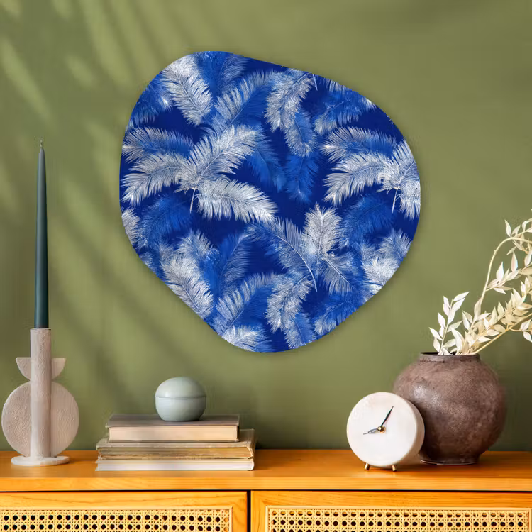 Palmblad - Patroon - Blauw Wandcirkel Organisch Aluminium middel 851 -sfeer2