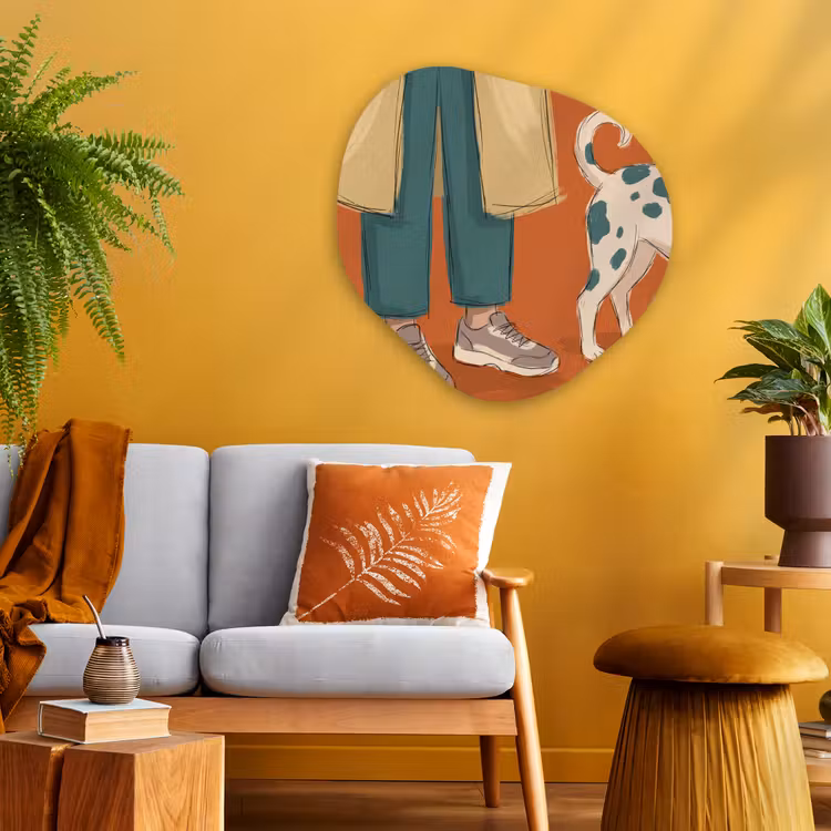 Persoon - Hond - Dieren - Illustratie - Modern Wandcirkel Organisch Aluminium middel -sfeer4