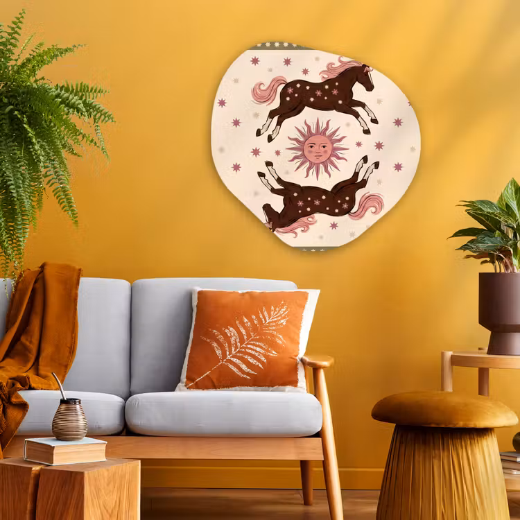 Paard - Zon - Mystiek - Illustratie - Roze Wandcirkel Organisch Aluminium middel -sfeer4