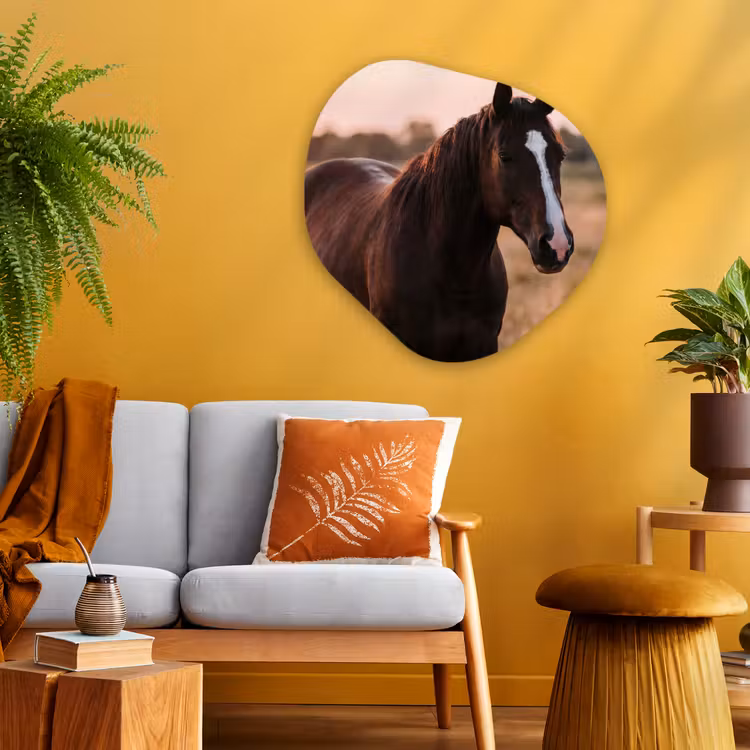 Paard - Zonsondergang - Bruin Wandcirkel Organisch Aluminium middel -sfeer4