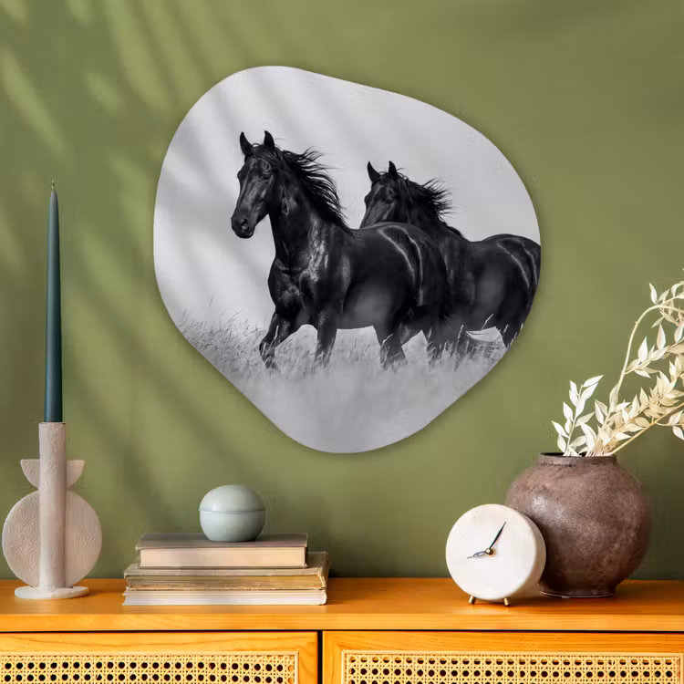 Paarden - Gras - Zwart - Wit Wandcirkel Organisch Aluminium middel -sfeer2