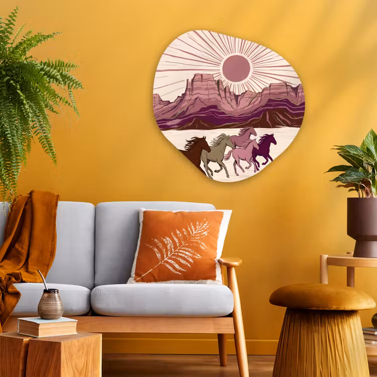 Paarden - Rennend - Woestijn - Natuur - Abstract Wandcirkel Organisch Aluminium middel -sfeer4