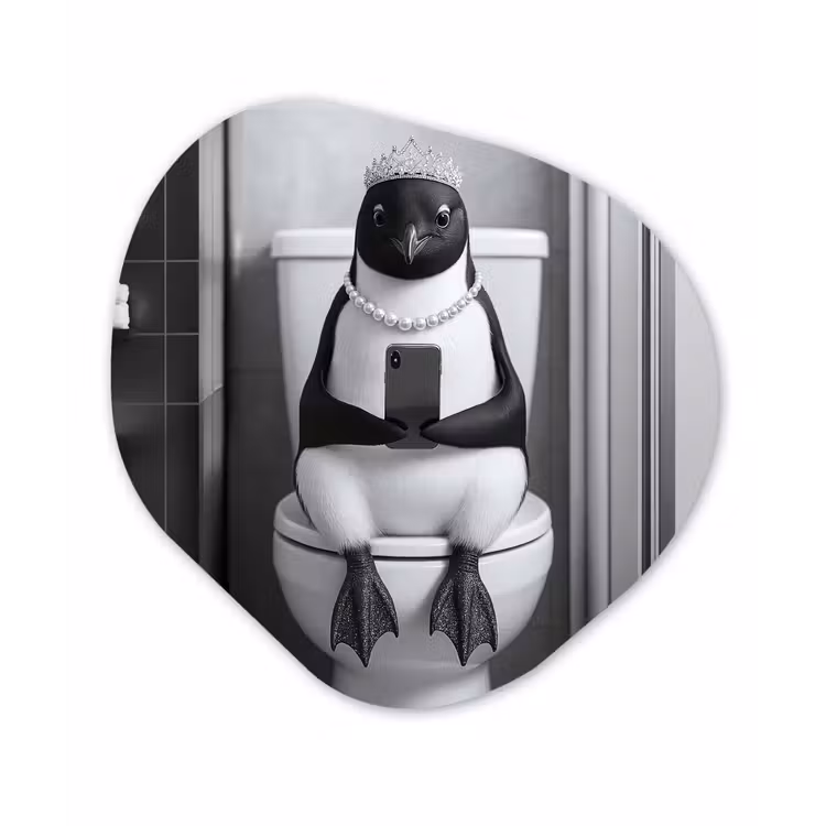 Pinguïn - Telefoon - Toilet - Zwart - Wit Wandcirkel Organisch Aluminium middel -3d