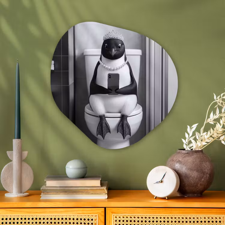Pinguïn - Telefoon - Toilet - Zwart - Wit Wandcirkel Organisch Aluminium middel -sfeer2