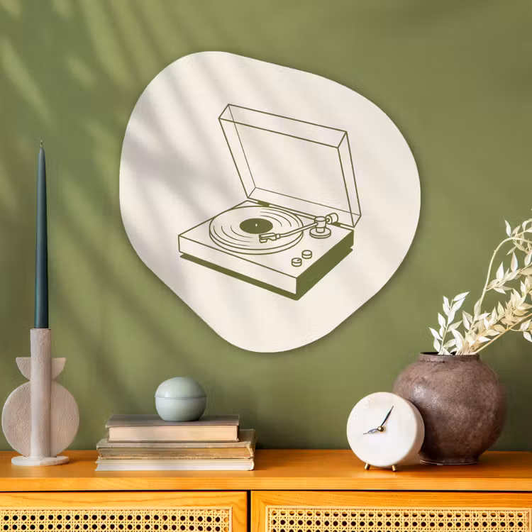 Platenspeler - Vinyl - Muziek - Minimalistisch - Groen Wandcirkel Organisch Aluminium middel -sfeer2