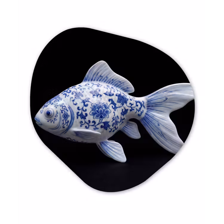 Porselein - Goudvis - Delfts - Blauw Wandcirkel Organisch Aluminium middel -3d