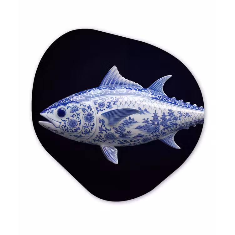 Porselein - Tonijn - Delfts - Blauw Wandcirkel Organisch Aluminium middel -3d