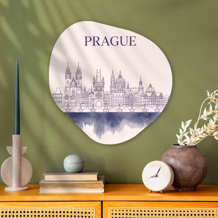 Praag - Skyline - Architectuur - Blauw Wandcirkel Organisch Aluminium middel -sfeer2