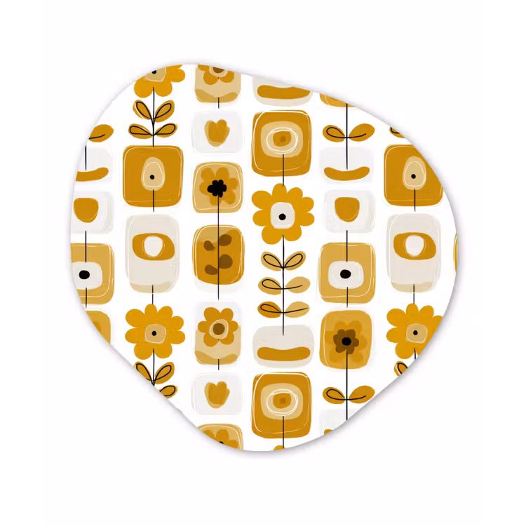 Retro - Abstract - Bloemen - Okergeel Wandcirkel Organisch Aluminium middel 851 -3d