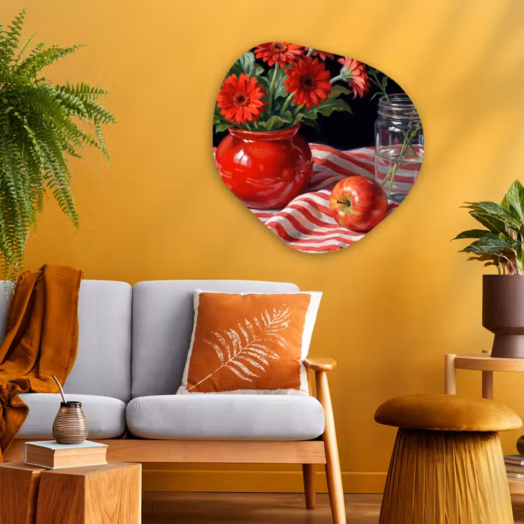 Alu-Dibond-Bild Organische Form - Rote Blumen – Vase - Rode bloemen - Vaas Wandcirkel Organisch Aluminium middel